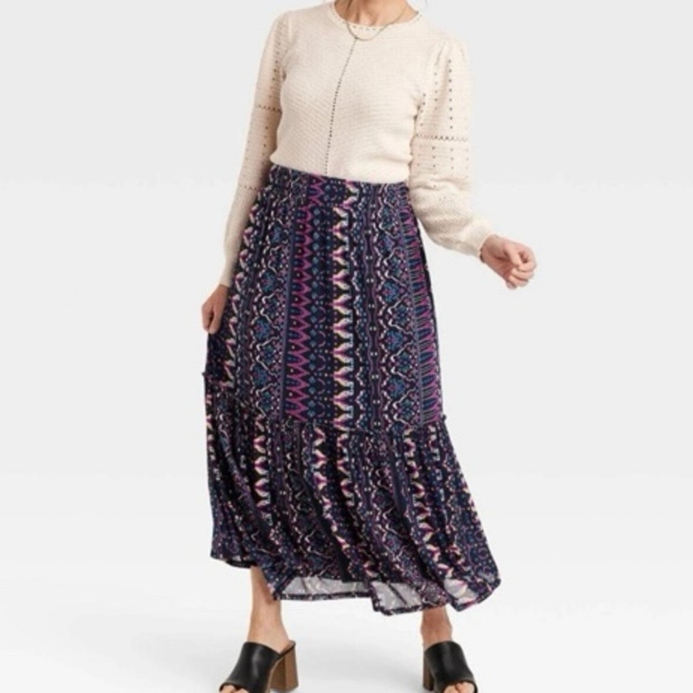 Knox Rose Blue and Pink Tiered A-Line Maxi Skirt
